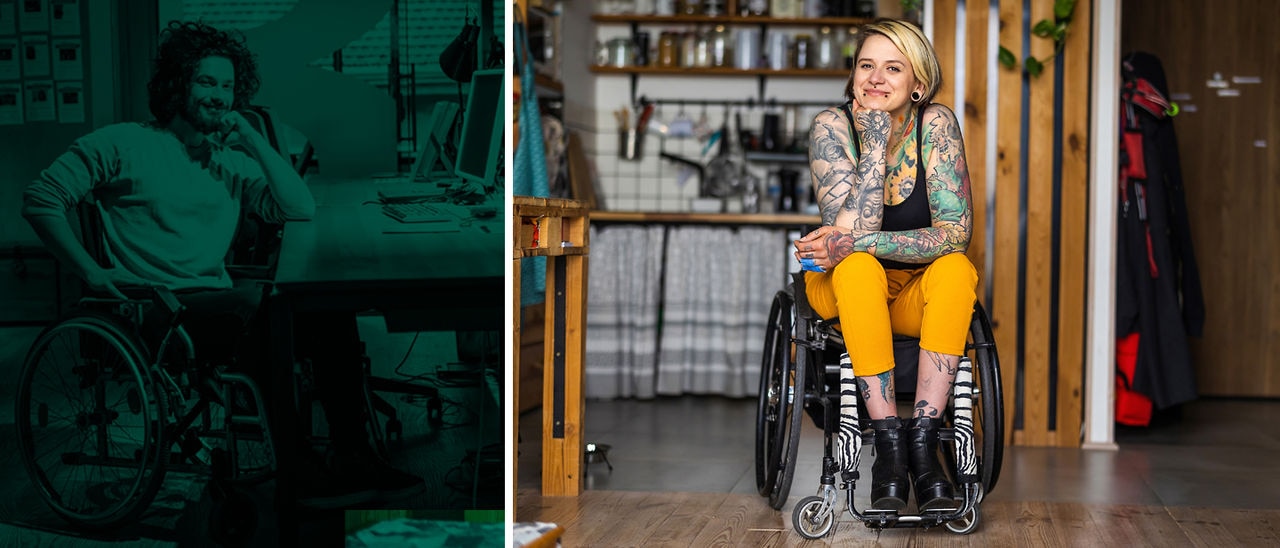 Tattooed person in wheelchair at home workspace