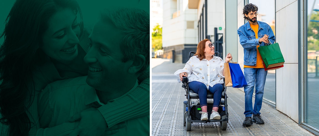 A group od poeple walking on a sidewalk with one man in a wheelchair
