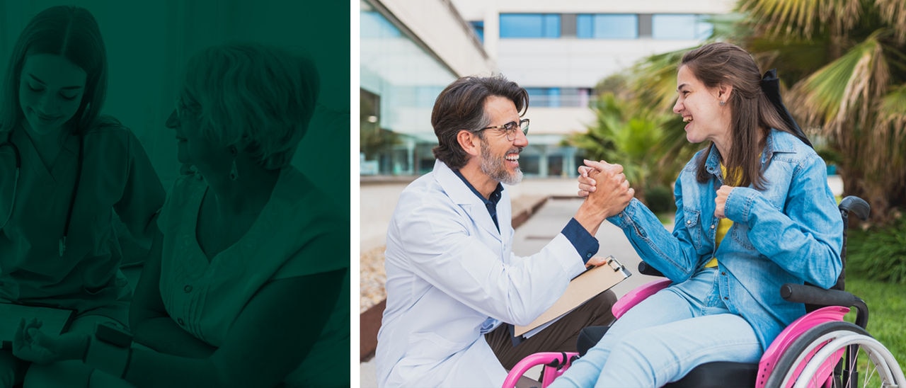 Clinician and patient in a wheelchair shaking hands
